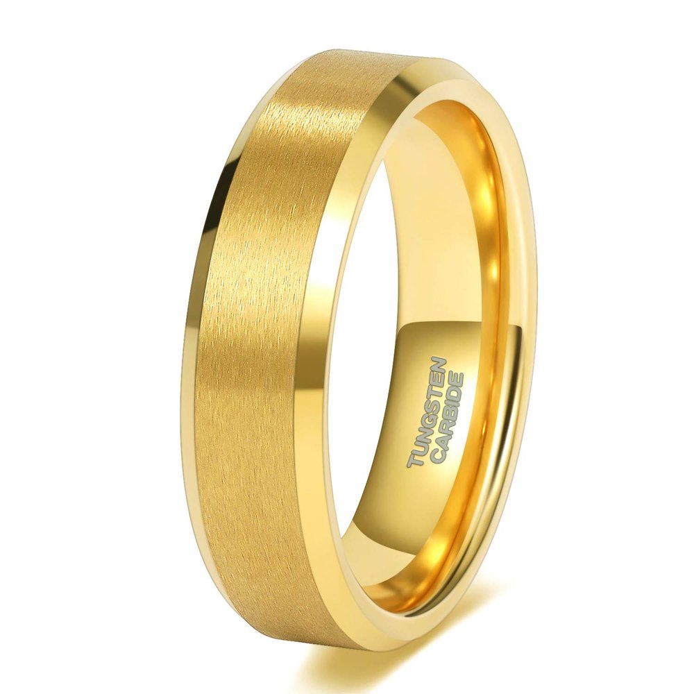 TRUMIUM 6mm Tungsten Rings for Men Women 24K Gold Plated Plated Engagement Promise Wedding Bands Beveled Edges Comfort Fit Size 10.5