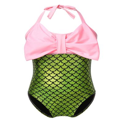 Alvivi Children Girls' Two-Piece Mermaid Tankini Swimsuit Beachwear Bow-Knot Halter Bra Tops with Fish Scales Bottoms Green Bowknot 3-4