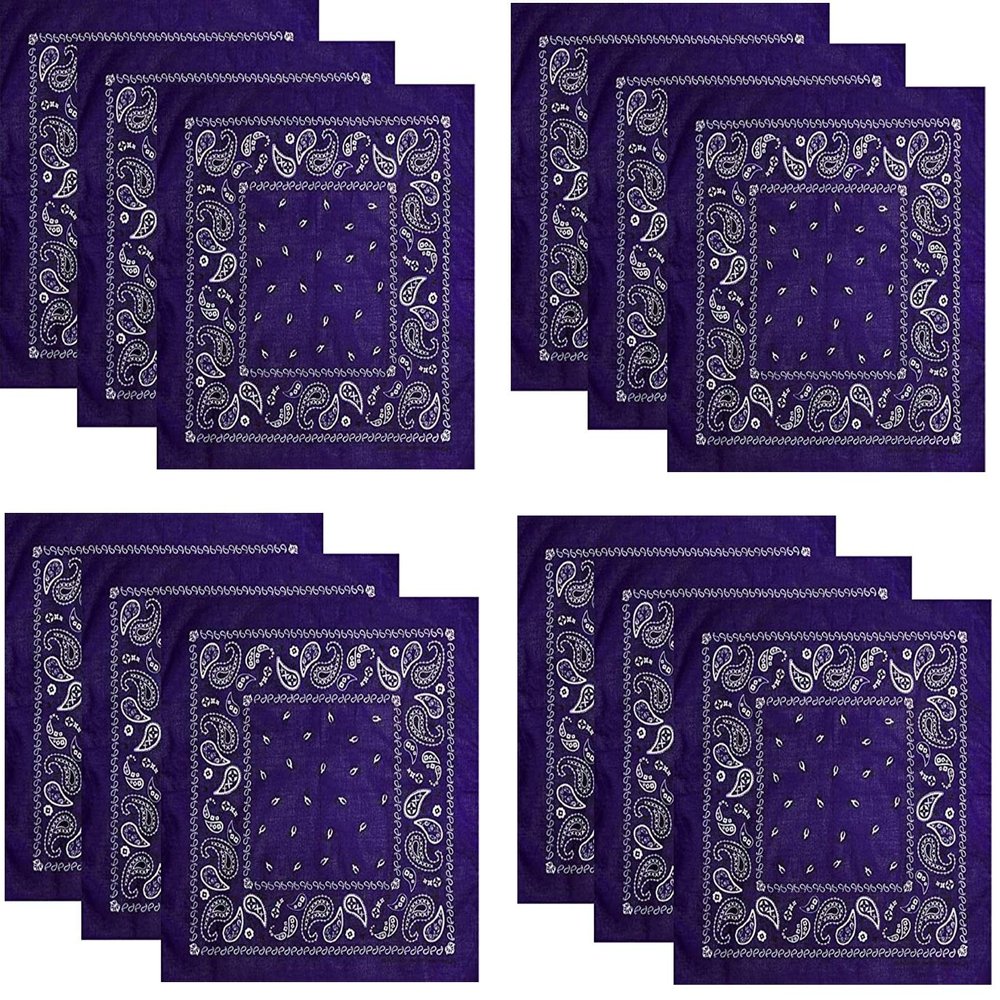 Hibaly 100% Cotton Classic Unisex Bandanas (12 Pack), Dk Purple