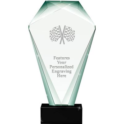 11" Jade Shrine Checkered Flags Crystal Award, Custom Engraved Checkered Flags Trophy, Engraving Included