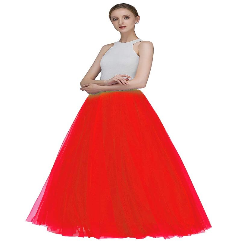 EllieHouse A Line Long Full Bridesmaid Tulle Skirt for Wedding Evening Party P68 Red XL