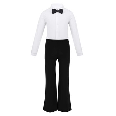 Moily Big Boys Professional Latin Jazz Modern Ballroom Dance Shirts Leotard Pants with Bowtie White 6
