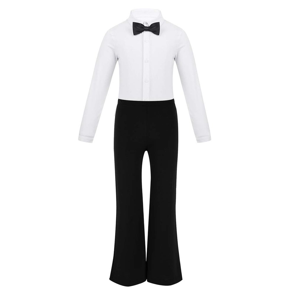 Moily Big Boys Professional Latin Jazz Modern Ballroom Dance Shirts Leotard Pants with Bowtie White 6
