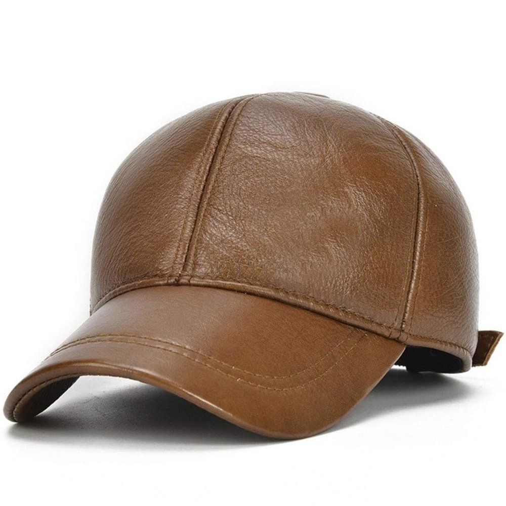 JNKET Mens Cowhide Baseball Cap Winter Keep Warm Earflaps Cap Waterproof Windproof Sports Cap Adjustable Snapbacks Hats (Brown)