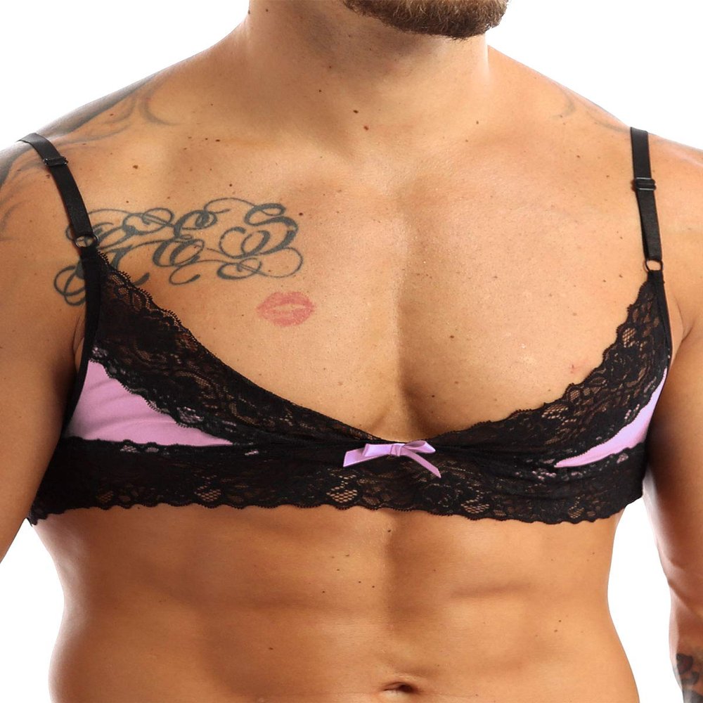 ACSUSS Mens Sissy Lingerie Bralette Wirefree Unlined Mini Bra Top Crossdressing Nightwear Pink Large