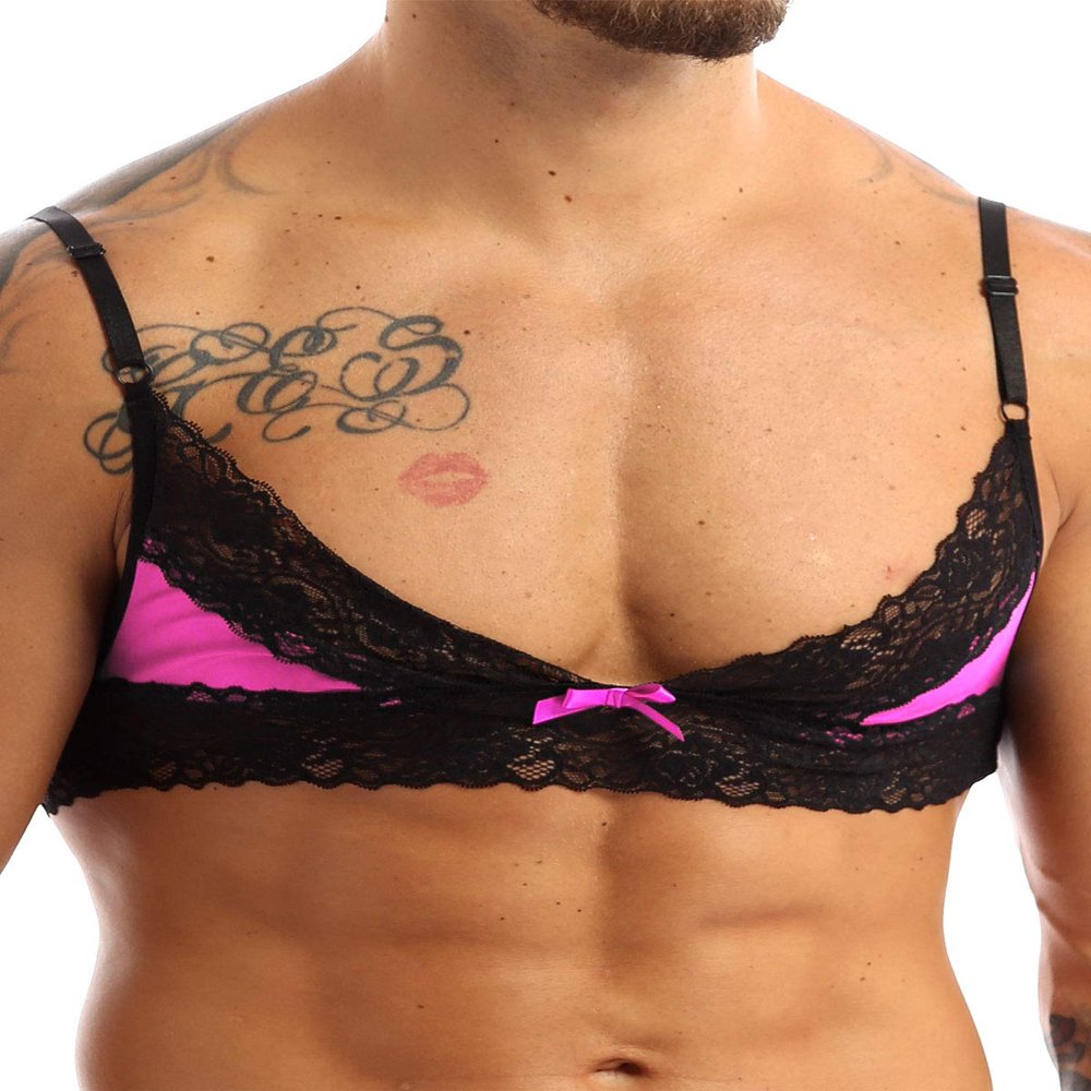ACSUSS Mens Sissy Lingerie Bralette Wirefree Unlined Mini Bra Top Crossdressing Nightwear Rose Medium