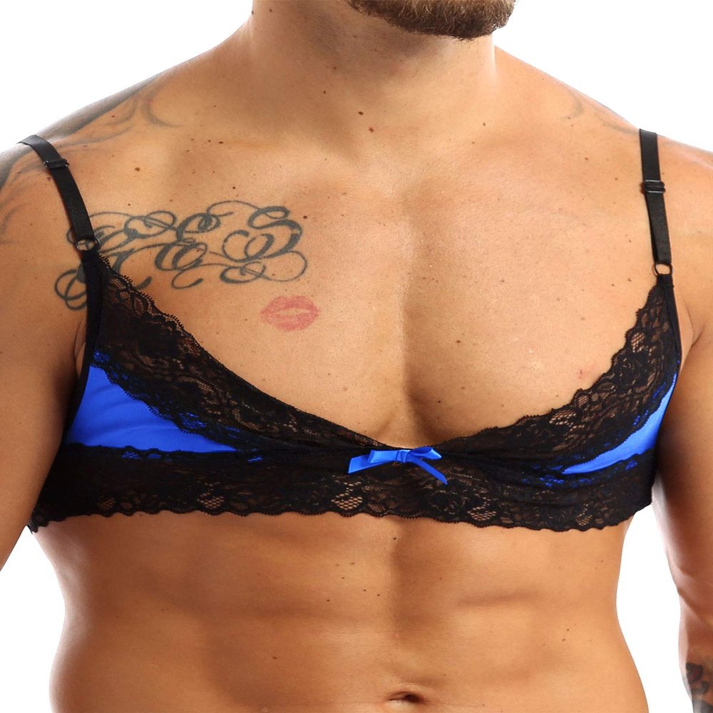 ACSUSS Mens Sissy Lingerie Bralette Wirefree Unlined Mini Bra Top Crossdressing Nightwear Blue X-Large