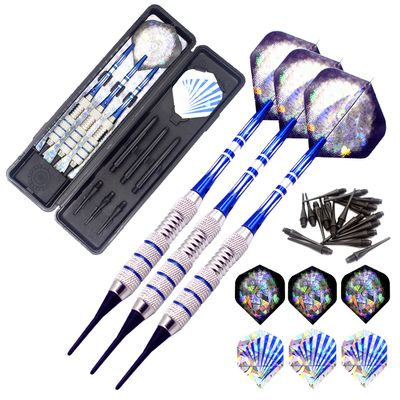 ROOBEEO Soft Tip Darts Set for Electronic Dart Board 18/22g Plastic Tip Darts Set with Brass Barrels&Aluminum Shafts, 6 Flights 3 Spare Plastic Dart Shaft 20 Soft Tips Portable Case (18g-Silver&Blue)