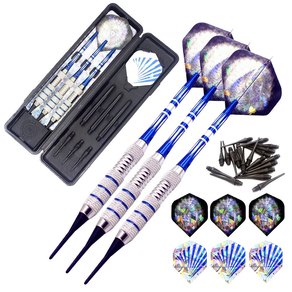 ROOBEEO Soft Tip Darts Set for Electronic Dart Board 18/22g Plastic Tip Darts Set with Brass Barrels&Aluminum Shafts, 6 Flights 3 Spare Plastic Dart Shaft 20 Soft Tips Portable Case (18g-Silver&Blue)