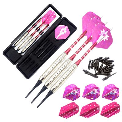 ROOBEEO Soft Tip Darts Set for Electronic Dart Board 18/22g Plastic Tip Darts Set with Brass Barrels&Aluminum Shafts, 6 Flights 3 Spare Plastic Dart Shaft 20 Soft Tips Portable Case (18g-Silver&Pink)