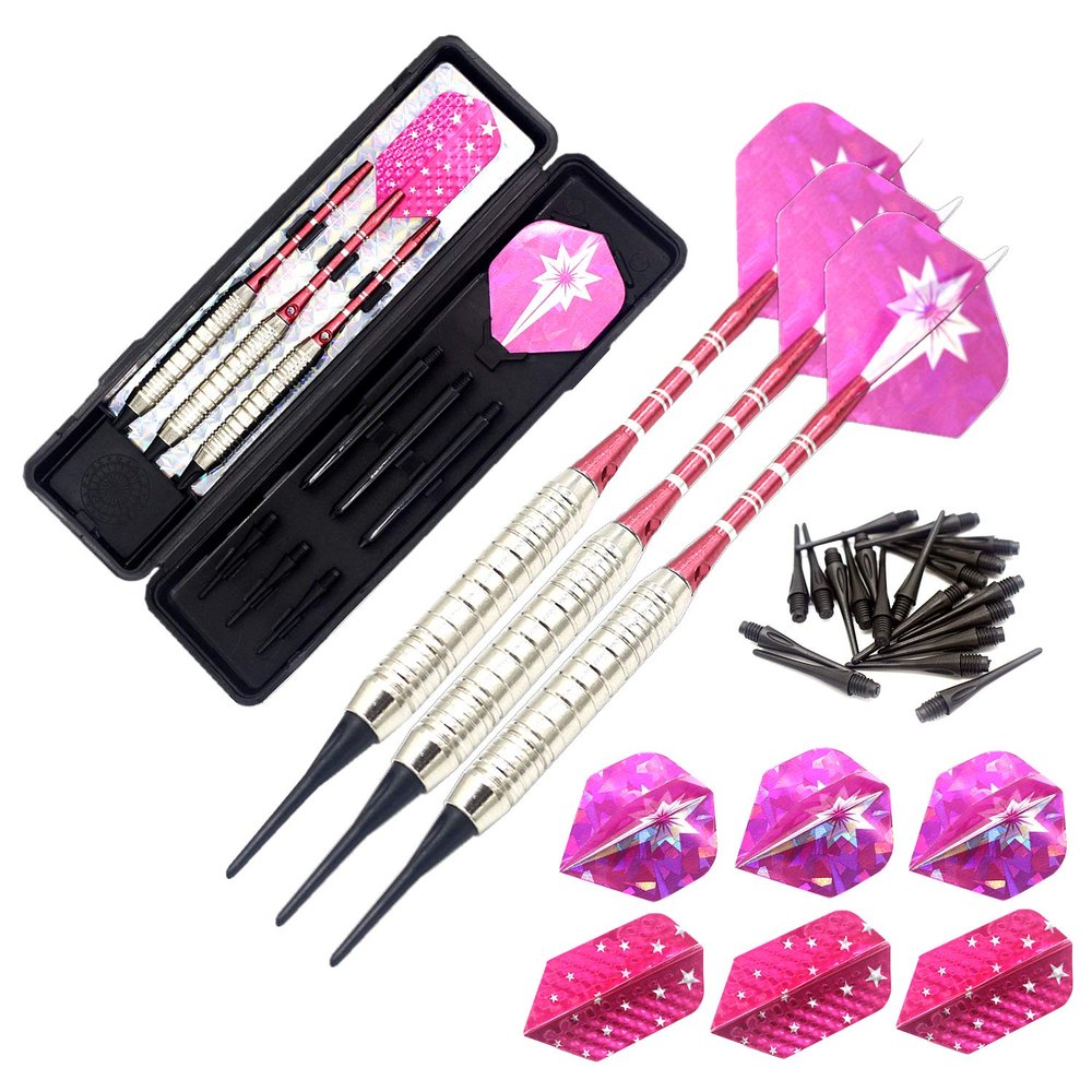 ROOBEEO Soft Tip Darts Set for Electronic Dart Board 18/22g Plastic Tip Darts Set with Brass Barrels&Aluminum Shafts, 6 Flights 3 Spare Plastic Dart Shaft 20 Soft Tips Portable Case (18g-Silver&Pink)