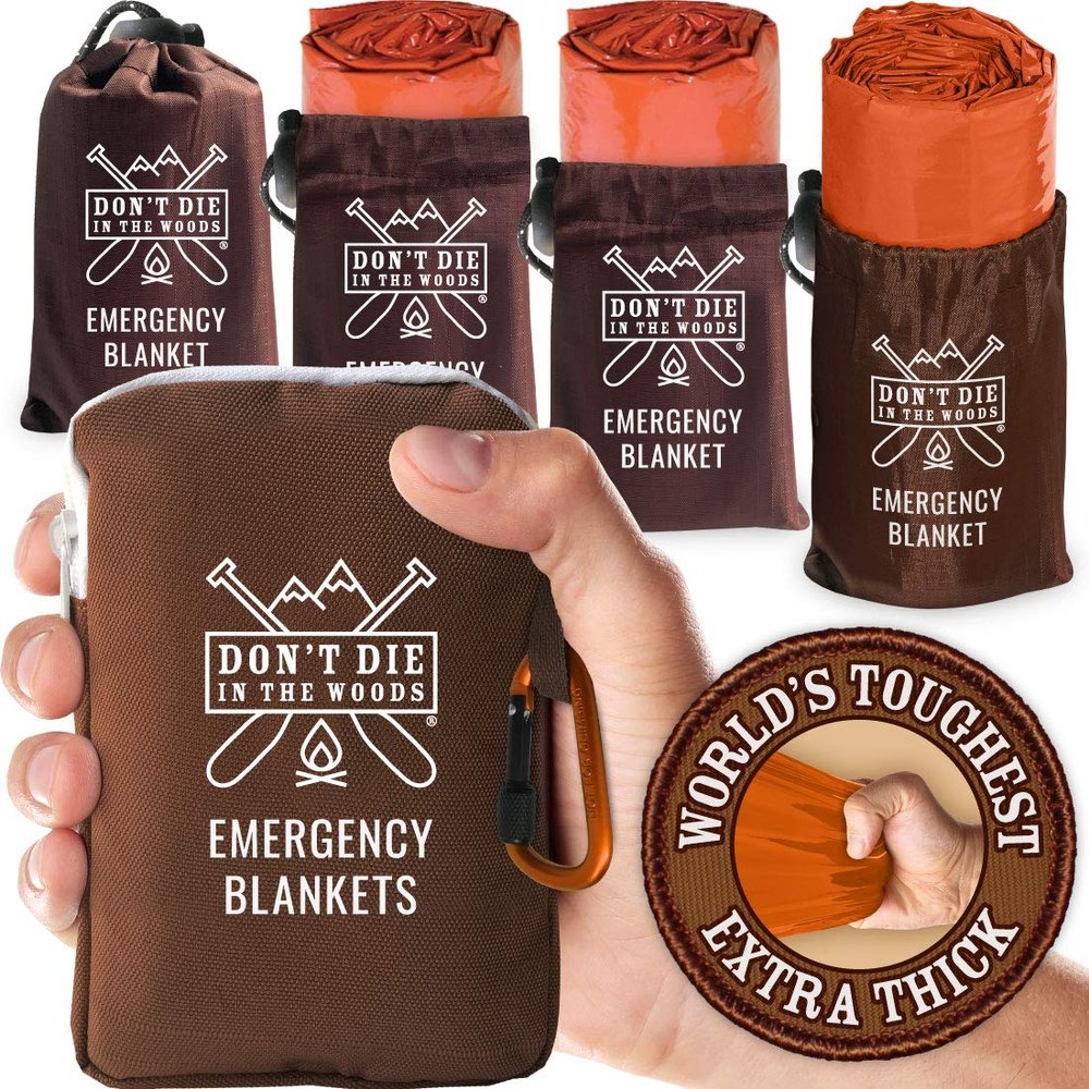 Don't Die In The Woods - Worlds Toughest Emergency Blankets [4-Pack] Extra Thick Thermal Mylar Space Blanket - One of The Ten Essentials Outdoor Survival Gear Hiking Camping First Aid Kit (Orange)