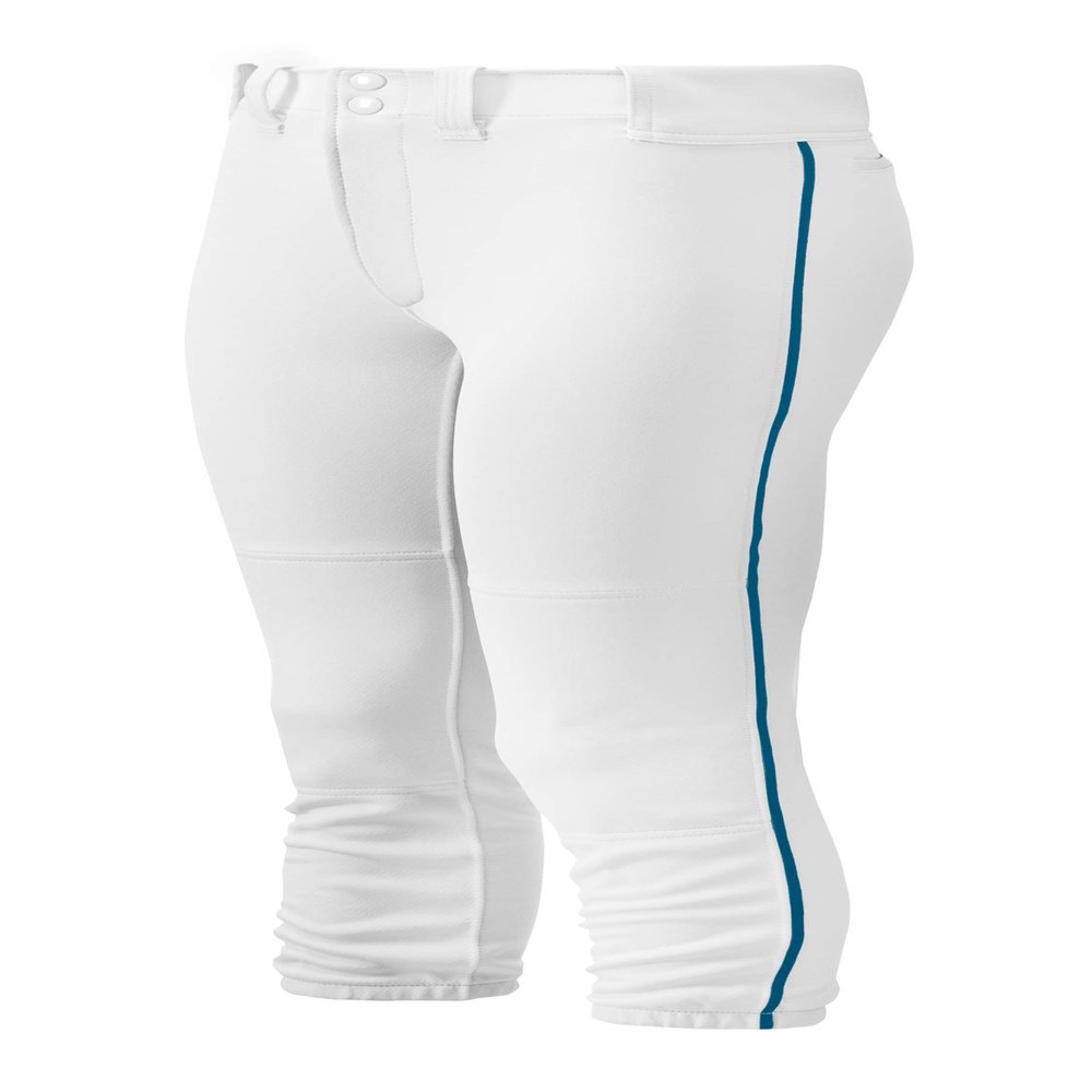 Mizuno Girl's Belted Piped Softball Pant, White-Navy, Large