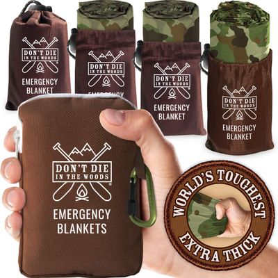 Don't Die In The Woods - Worlds Toughest Emergency Blankets [4-Pack] Extra Thick Thermal Mylar Space Blanket - One of The Ten Essentials Outdoor Survival Gear for Hiking Camping First Aid Kit (Camo)