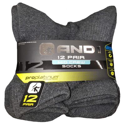 AND1 Gray 12 Pair ProPlatinum Mid Crew Socks