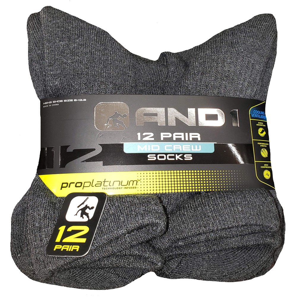 AND1 Gray 12 Pair ProPlatinum Mid Crew Socks