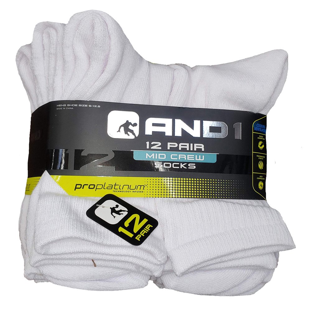AND1 White 12 Pair ProPlatinum Mid Crew Socks