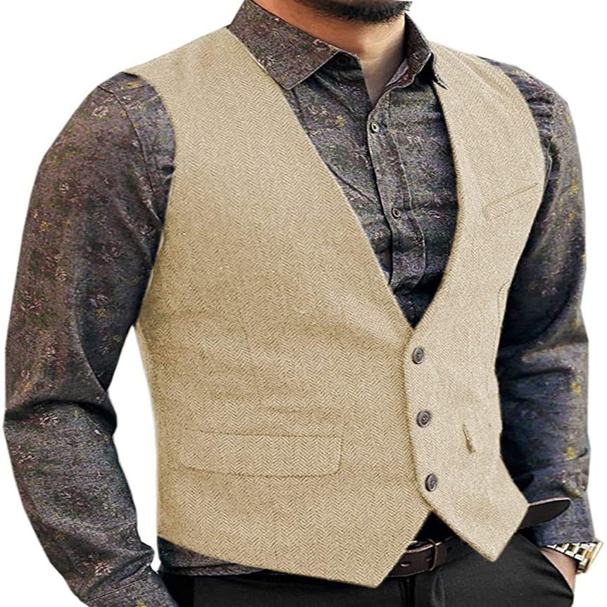 Aimicui Men's Suit Vest Slim Fit Herringbone Wool Tweed Casual V Neck Formal Waistcoat for Wedding Groomsmen Champagne