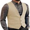 Aimicui Men's Suit Vest Slim Fit Herringbone Wool Tweed Casual V Neck Formal Waistcoat for Wedding Groomsmen Champagne view 1
