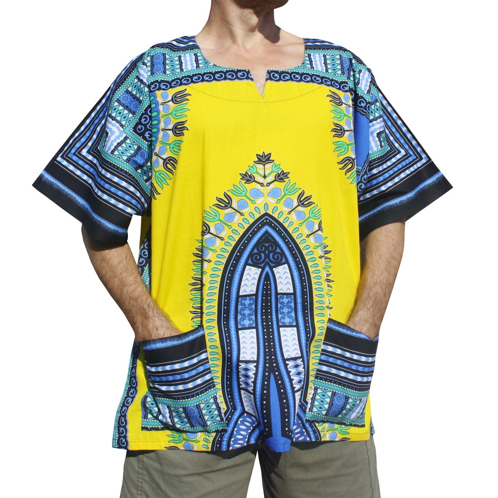 RaanPahMuang Dashiki African Shirts Men Women 100% Cotton African Freedom Shirt, Medium, Warrior Print - Bright Yellow