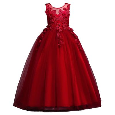 Flower Girls Maxi Dress Bridesmaid Wedding Pageant Party Princess Communion Floral Boho Vintage Lace Dance Gown (2-Red,13-14 Years)
