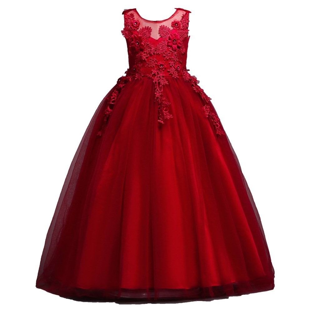 Flower Girls Maxi Dress Bridesmaid Wedding Pageant Party Princess Communion Floral Boho Vintage Lace Dance Gown (2-Red,13-14 Years)