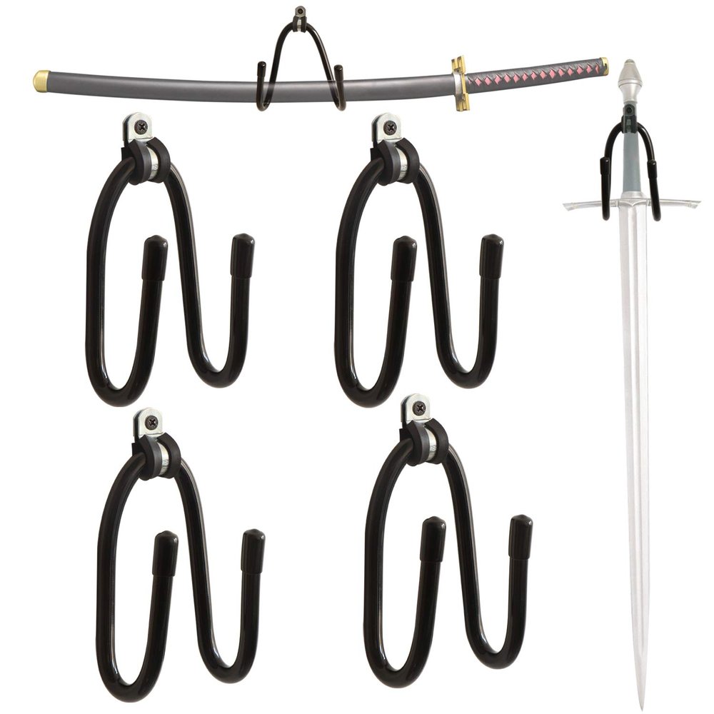 Kesywale Adjustable Sword Wall Mount Rack Hanger Holder Hook Stand for Swords, Dagger, Axe, Keyblade and More - Vertical or Horizontal Display, Pack of 4 (4)