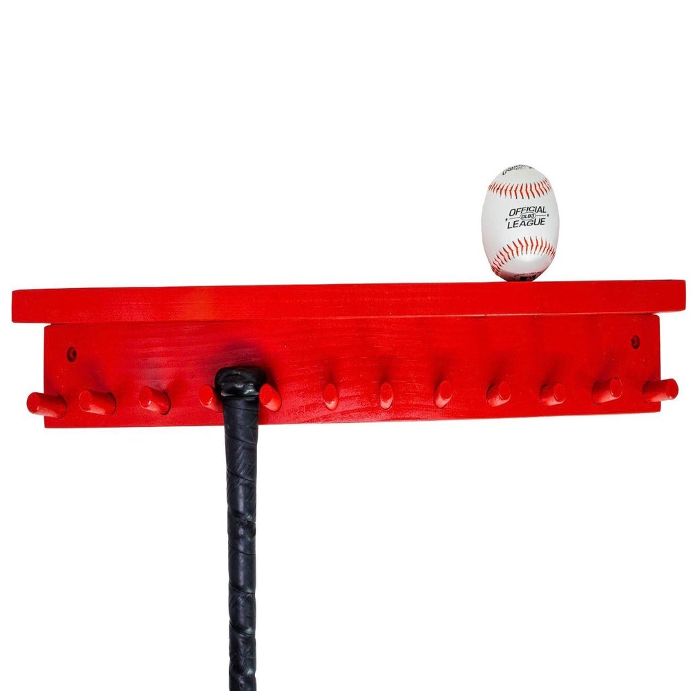 MWCSPORTS Holds 11 Full Size Baseball/Softball Bat 6 Balls Trophy Awards Rack Holder Display Storage and Organization Softball Heavy Duty Hardware Baseball Bat Rack Shelf Holder Wall Mount (Red)