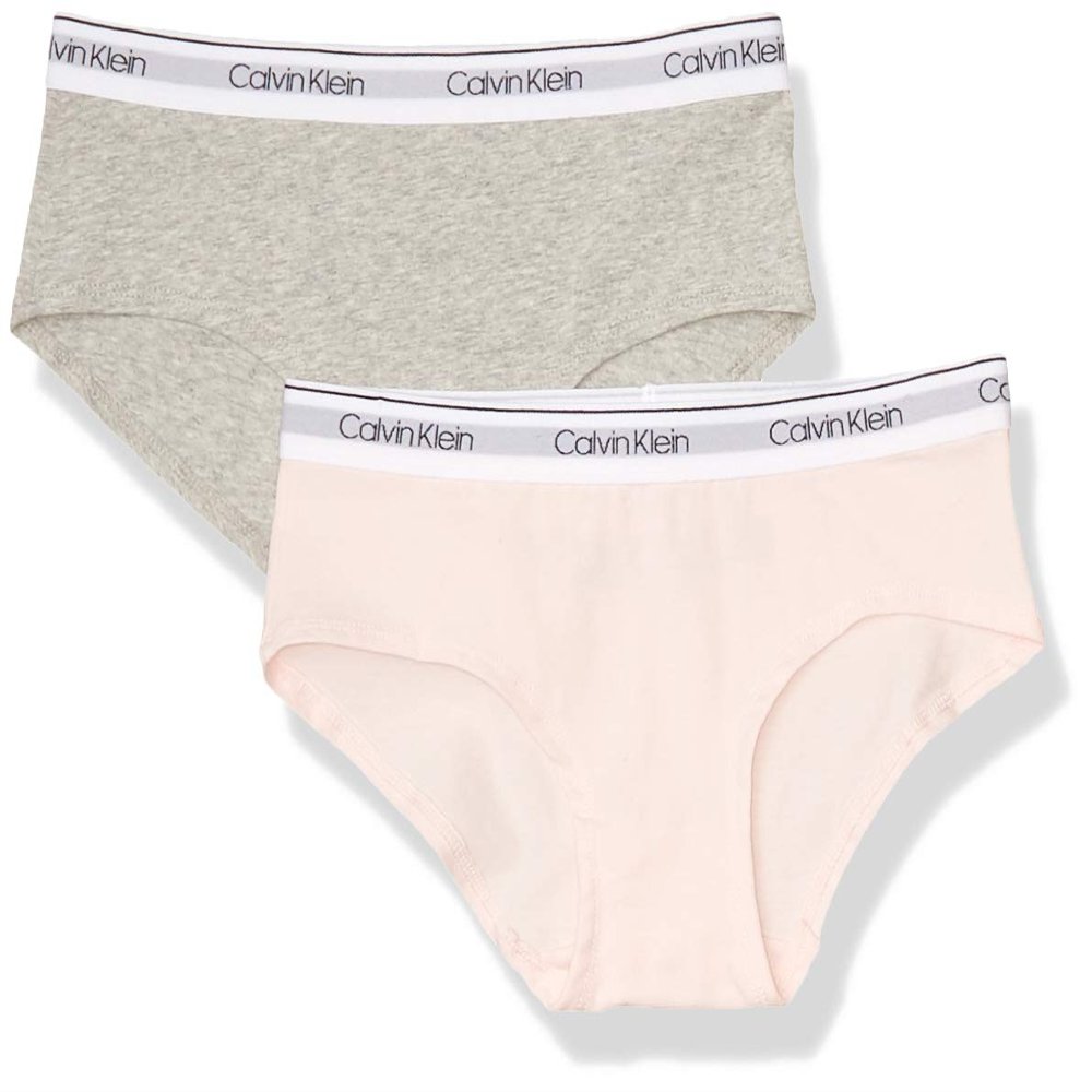 Calvin Klein Kids Girls' Modern Cotton Hipster Underwear 2-Pack, Heather Grey/Heather Blue/White, Medium