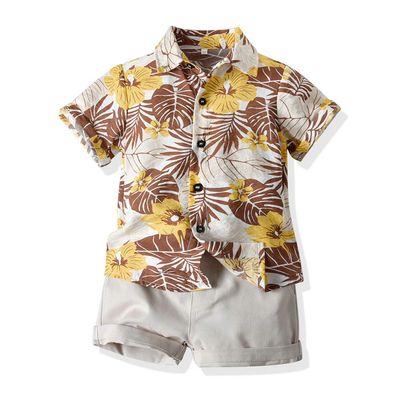 JunNeng Toddler Baby Boy Shorts Sets Hawaiian Outfits,Tropical Floral Short Sleeve Shirt +Elastic Shorts Vacation Clothes,Beige 18-24 Months