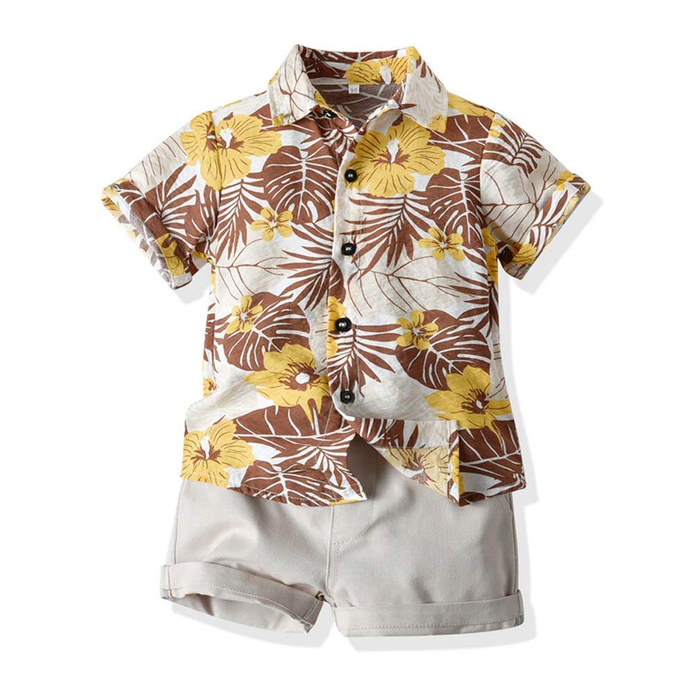 JunNeng Toddler Baby Boy Shorts Sets Hawaiian Outfits,Tropical Floral Short Sleeve Shirt +Elastic Shorts Vacation Clothes,Beige 18-24 Months