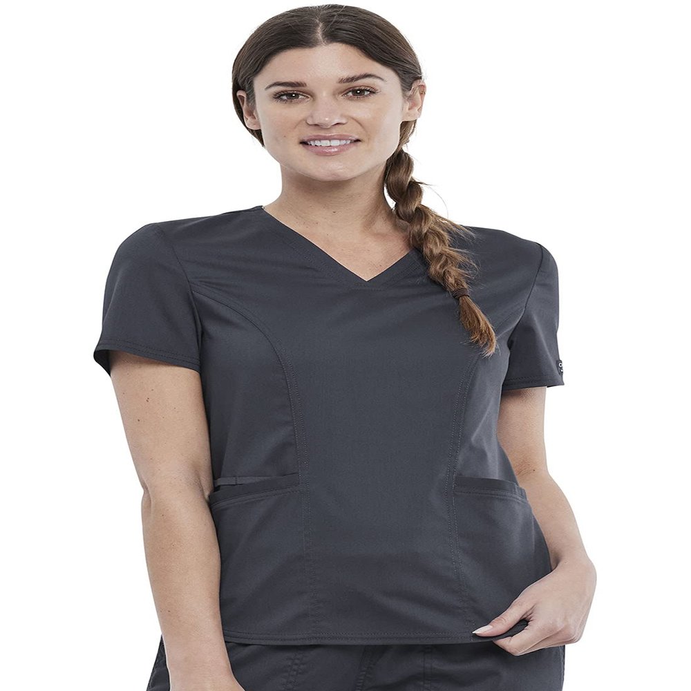 Cherokee Scrubs for Women V-Neck Scrub Top with 2 Pockets, Ultra Soft Stretch, Durable Easy Care Medical Uniform - WW612P, XXS Petite, Pewter