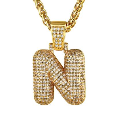 14k Gold Plated Shiny Micro Crystal Letter N Pendant Hip Hop Chain Spiga Necklace,24 Inches