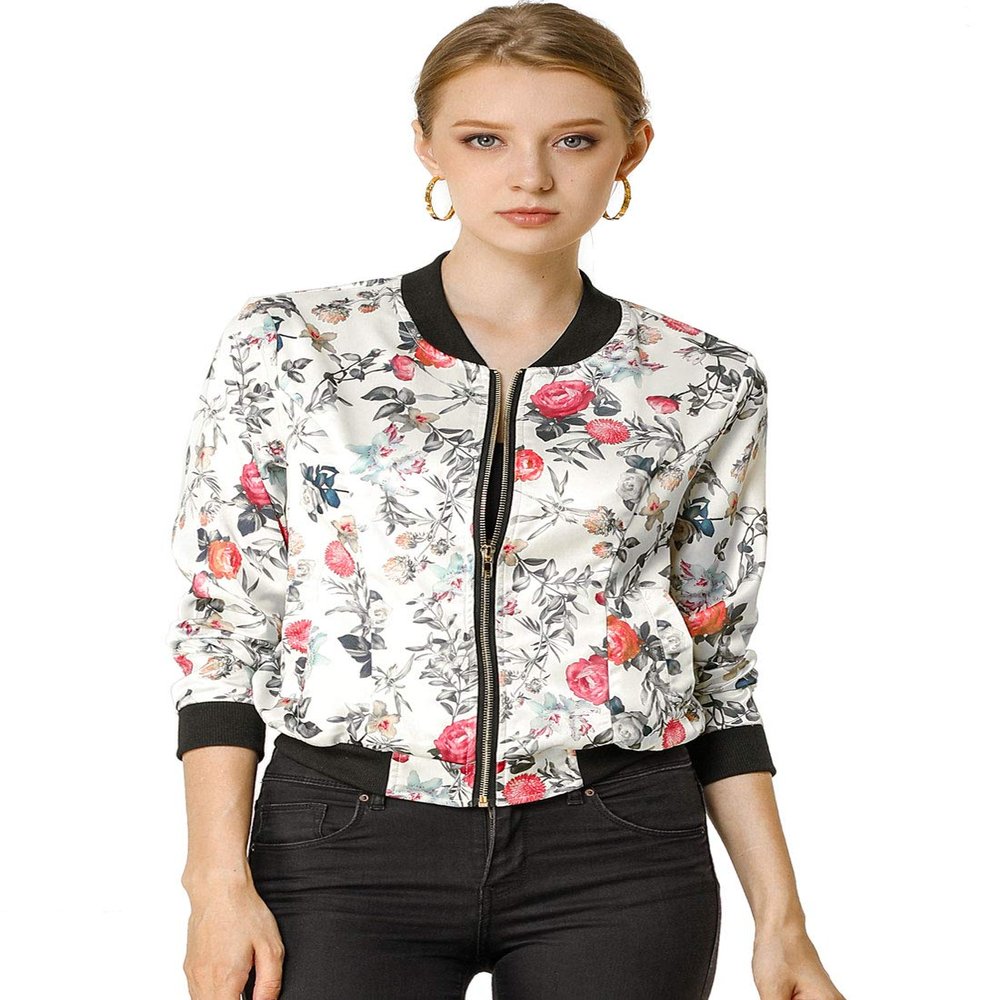 Allegra K Women's Bomber Jacket Satin Long Sleeve Zipper Floral Print Casual Fall Coat with Pocket Winter Outwear Medium White