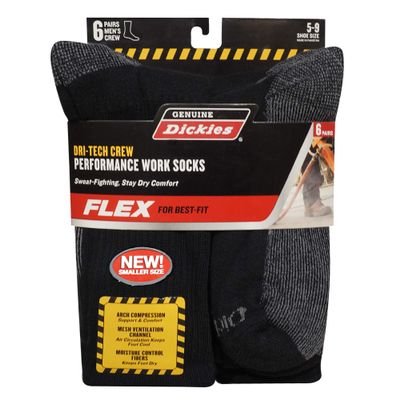 Genuine-Dickies Men's Dri-Tech Premium Performance Crew Work Sock 6-Pair-Pack (Black, Shoe Size 12-15)