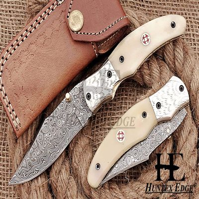 HUNTEX Custom Handmade Hand-Forged Rain Drop Pattern Damascus Steel 4 Inch Long Natural Camel Bone Handle Razor Sharp Camping Hunting Folding Pocket Knife with Genuine Leather Pouch