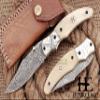 HUNTEX Custom Handmade Hand-Forged Rain Drop Pattern Damascus Steel 4 Inch Long Natural Camel Bone Handle Razor Sharp Camping Hunting Folding Pocket Knife with Genuine Leather Pouch view 1