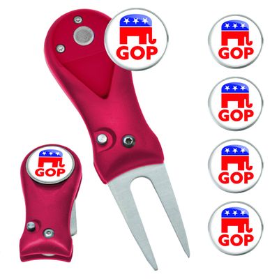 Clip Wipes Republican Divot Tool | Switchblade Style & 5 Republican Ball Markers (Red-GOP)