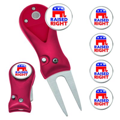Clip Wipes Republican Divot Tool | Switchblade Style & 5 Republican Ball Markers (Red-Raised Right)
