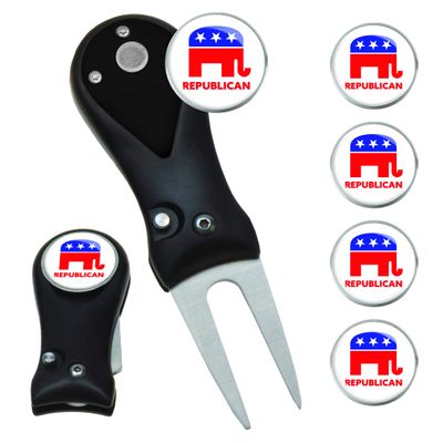 Clip Wipes Republican Divot Tool | Switchblade Style & 5 Republican Ball Markers (Black-Republican)