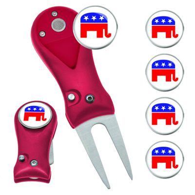 Clip Wipes Republican Divot Tool | Switchblade Style & 5 Republican Ball Markers (Red-Seal)