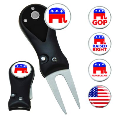 Clip Wipes Republican Divot Tool | Switchblade Style & 5 Republican Ball Markers (Black-Assortment)