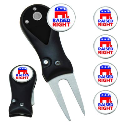 Clip Wipes Republican Divot Tool | Switchblade Style & 5 Republican Ball Markers (Black-Raised Right)