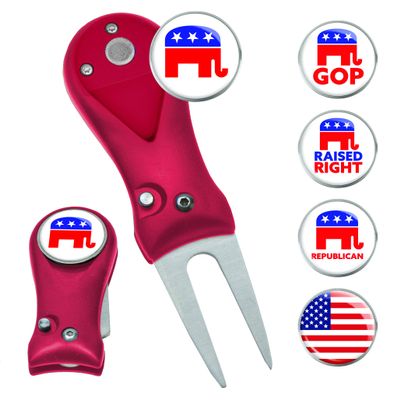Clip Wipes Republican Divot Tool | Switchblade Style & 5 Republican Ball Markers (Red-Assortment)