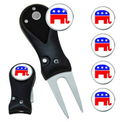 Clip Wipes Republican Divot Tool | Switchblade Style & 5 Republican Ball Markers (Black-Seal)