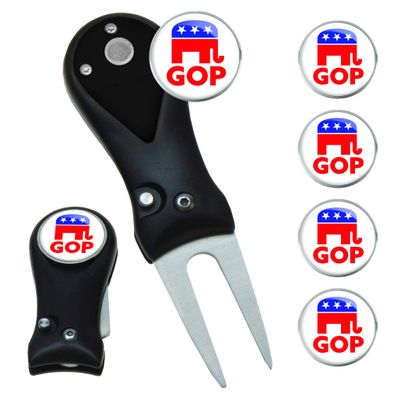 Clip Wipes Republican Divot Tool | Switchblade Style & 5 Republican Ball Markers (Black-GOP)