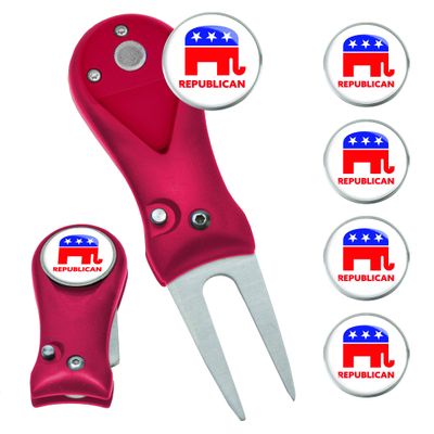 Clip Wipes Republican Divot Tool | Switchblade Style & 5 Republican Ball Markers (Red-Republican)