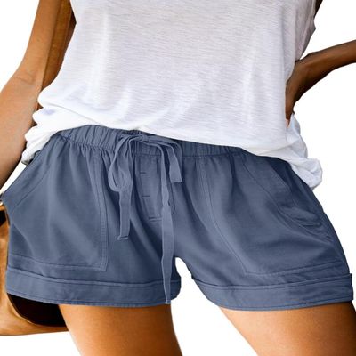 ANFTFH Women's Casual Elastic Waist Comfy Cotton Linen Summer Beach Shorts with Drawstring Dusty Blue XL