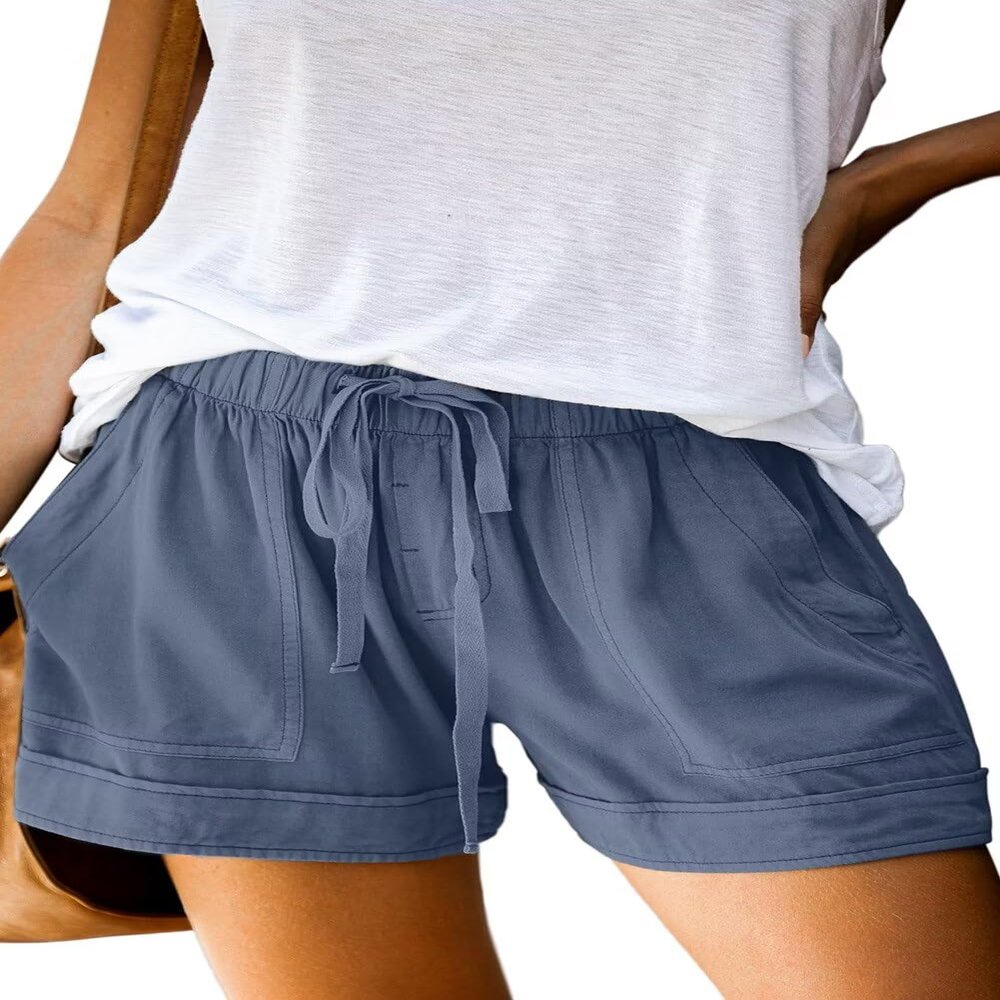 ANFTFH Women's Casual Elastic Waist Comfy Cotton Linen Summer Beach Shorts with Drawstring Dusty Blue XL