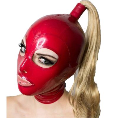 nonbranded Hot Latex Hood with Blond Pigtail Back Zipper Rubber Mask with Golden Wig Hair Cosplay Head Cover (L)